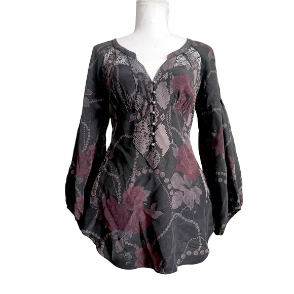 Rebecca Taylor Silk Dark Floral Lace Babydoll Top Romantic Witchy Whimsigoth 2 - Picture 2 of 11